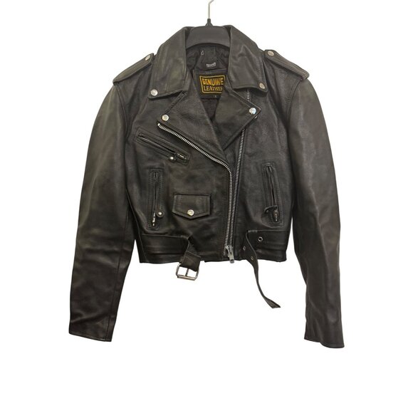 Genuine Leather Black Motorcycle Jacket Small Thinsulate Insulation With Belt & - Picture 1 of 9